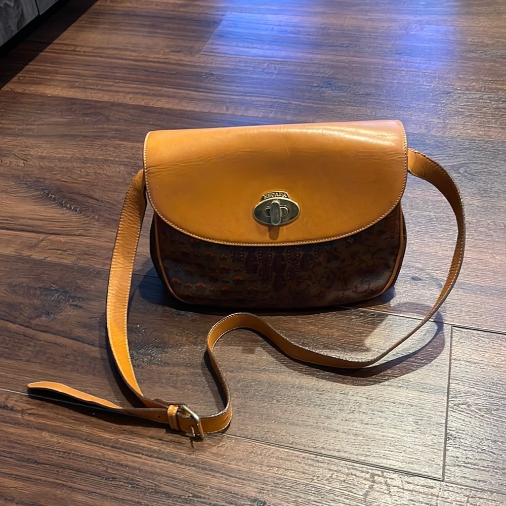 Escada Vintage Paisleys Coated Canvas/Leather Crossbody Bag with gold hardware.